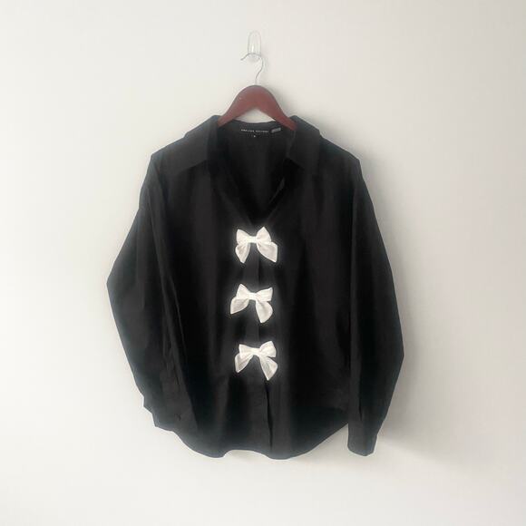 English Factor Bow Poplin Button-Up Shirt Black Size Medium - Picture 3 of 7